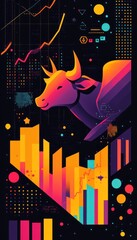 Obraz premium Stock Market Bull Bright financial data, and graphs on the screen. For finance and investment