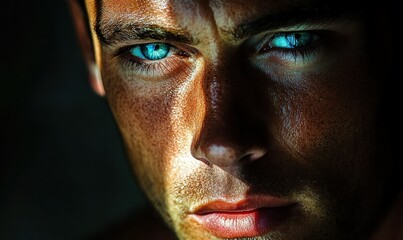 Fototapeta premium Intense portrait of a man with piercing blue eyes and dramatic shadows illuminated by soft glowing light, evoking emotion and depth in a captivating character study