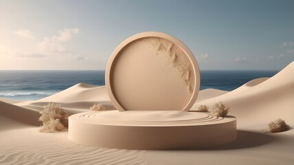 Obraz premium desert scene, a product display podium against a backdrop of the sea and clear sky