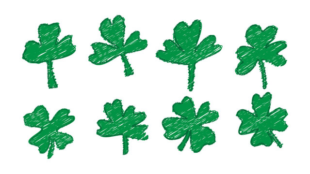 Lucky shamrock clover drawn with four leaf vector. Chalk sketch brush set for St Patrick trefoil. Irish Celtic luck day isolated illustration. Green graphic with crayon texture for spring holiday.