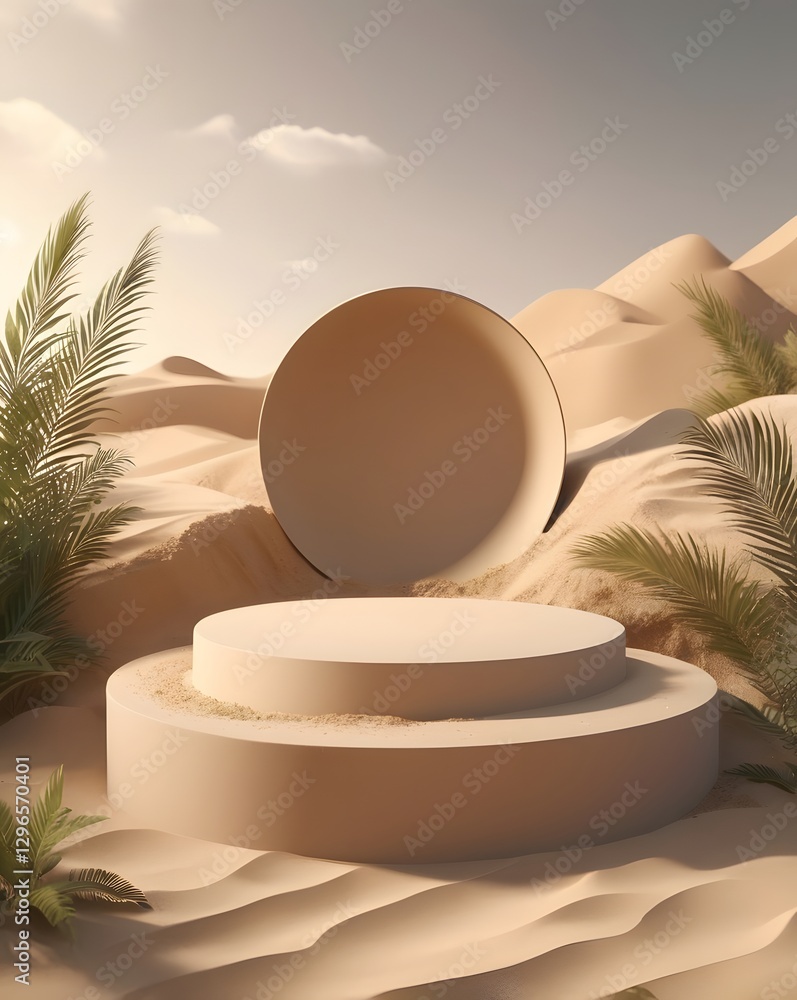 Poster a minimalist product display stand in a desert landscape setting. the scene features a circular podi