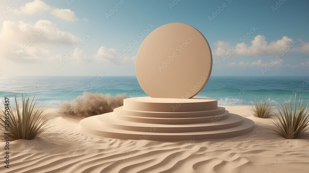 Poster a minimalist scene featuring a circular podium and backdrop on a sandy beach, with the ocean and sky