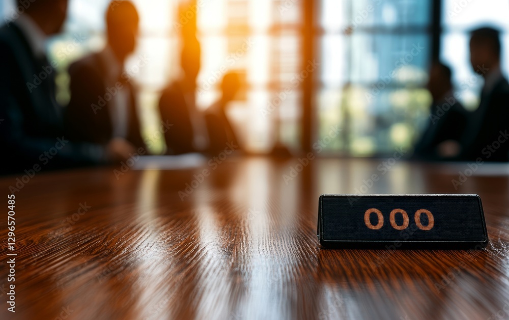 Poster a professional meeting setting with a nameplate in focus, while blurred figures of attendees are vis