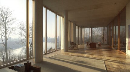 Modern Home Interior with River View