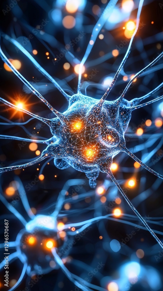 Poster microscopic neuron network glowing science lab digital art abstract environment close-up view neurob