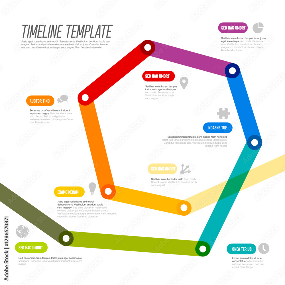 Poster a vibrant polygonal timeline template with multicolored sections and placeholders for text. the info