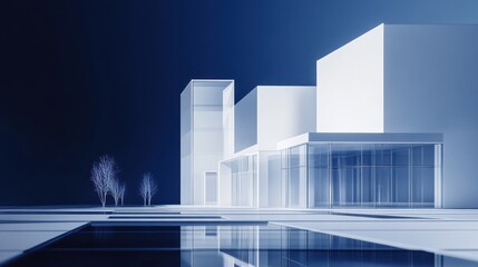 Modern architectural complex, night scene, reflection, urban design. Possible use stock photo