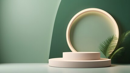 minimalist product display with a stylish podium, geometric shapes and leaves 