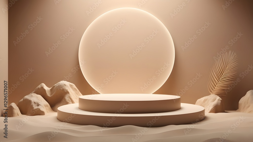 Aufkleber a modern product display with circular podium, creating a captivating stage for showcasing products. The circular backdrop and warm tones add a touch of elegance