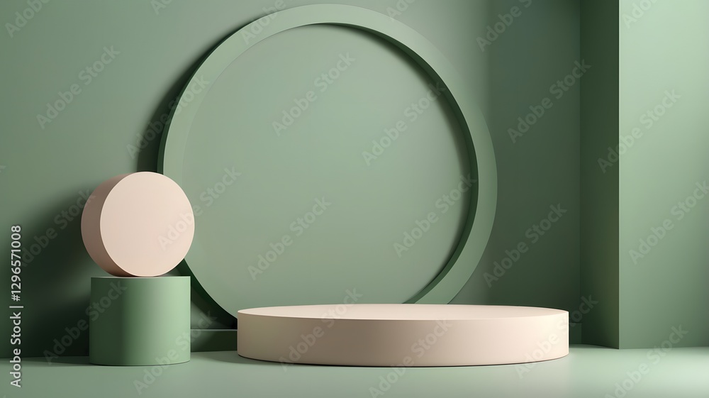 Poster abstract display of geometric shapes in muted green and pink tones, creates a minimalist background for product presentation