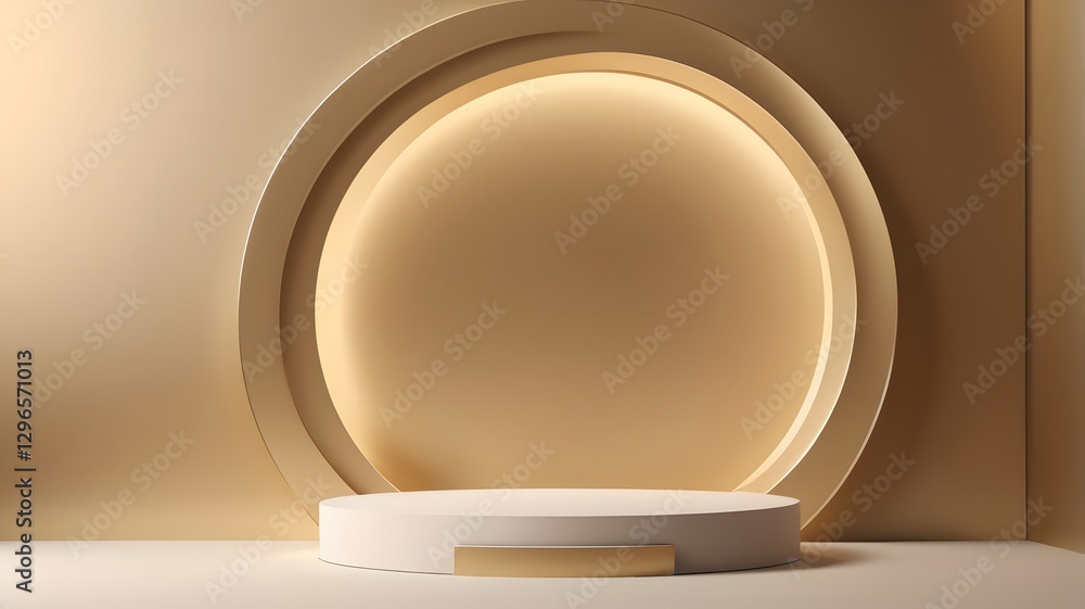 Poster a modern and minimalistic product display podium with a circular design and warm lighting, perfect for showcasing products or presentations.