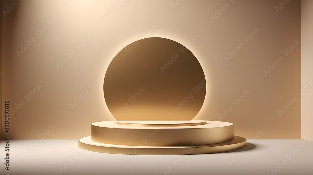 Poster a minimalist golden product display stage. The circular shape is illuminated against a soft background