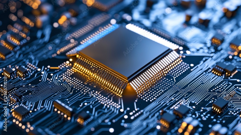 Poster high resolution close-up of advanced microchip technology modern laboratory digital electronics inno