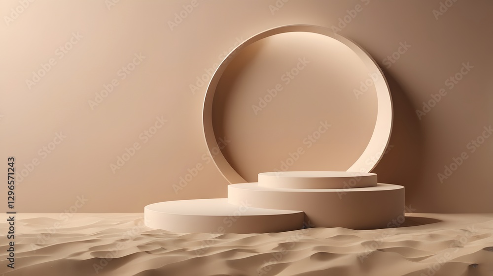 Poster a minimalist beige podium display on a sand-like texture background with a circular design 