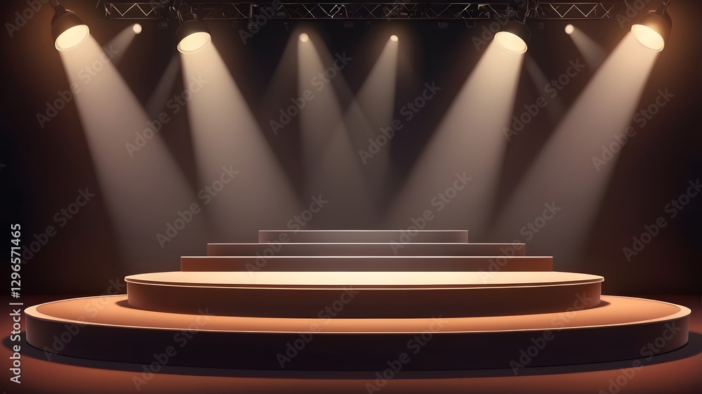 Poster a captivating stage illuminated by spotlights, creating a dramatic and inviting atmosphere. The stage features several levels, making it ideal for presentations or performances