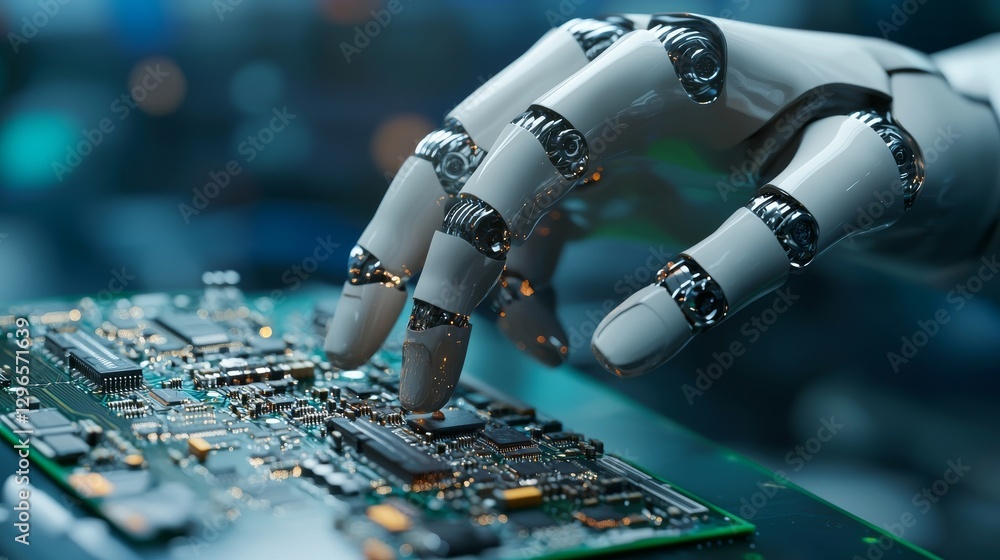 Aufkleber robotic hand precisely inspecting circuit board technology lab digital art high-tech environment clo