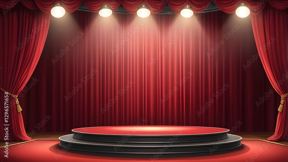 Poster empty stage with red curtains and spotlights, ready for a performance. The circular stage is in the center, and the curtains are elegantly draped