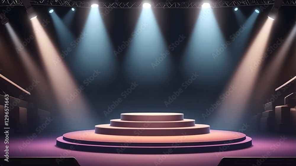 Poster a stage illuminated by spotlights, creating a dramatic atmosphere, ready for a performance or presen