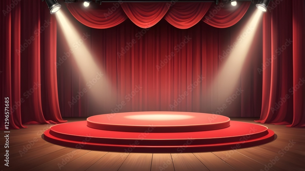 Poster an empty stage with a red curtain and a spotlight above. the stage is empty, with a red circular pla