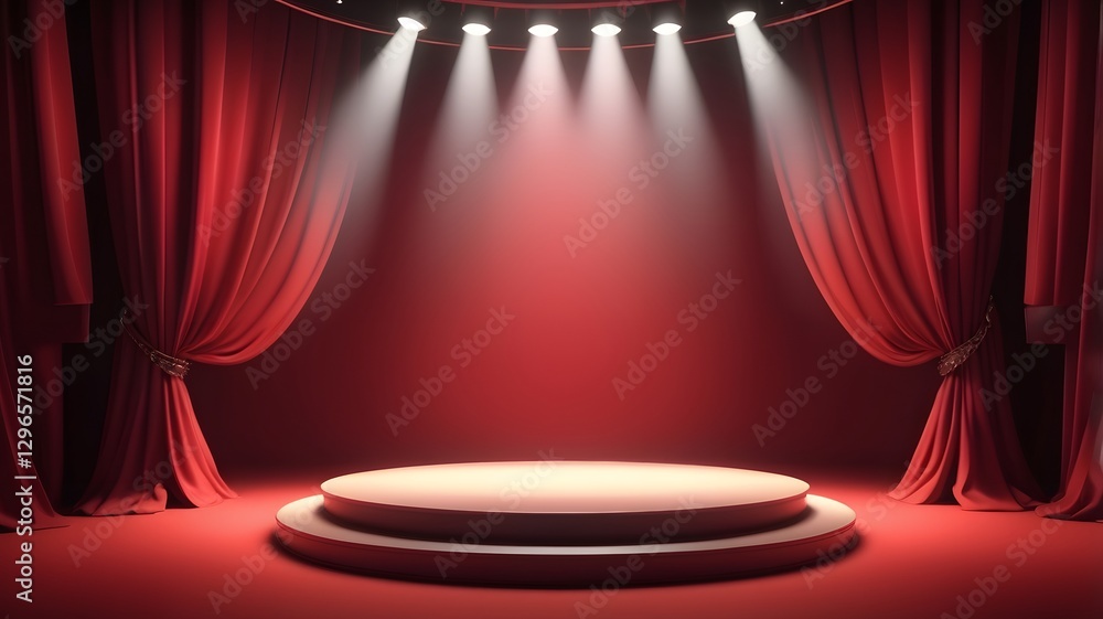 Poster an empty stage, lit by spotlights, with red curtains on both sides. The stage is empty and ready for a performance