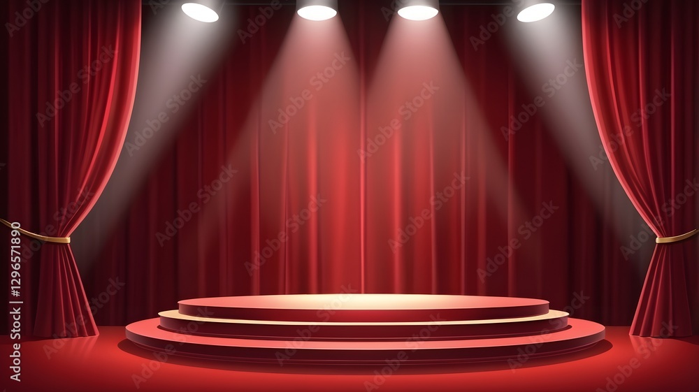 Poster an empty stage with red curtains, illuminated by spotlights