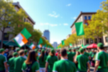Obraz premium A lively St. Patrick’s Day parade background featuring blurred green-clad crowds, waving Irish flags, and festive banners floating in the breeze under a bright blue sky. .