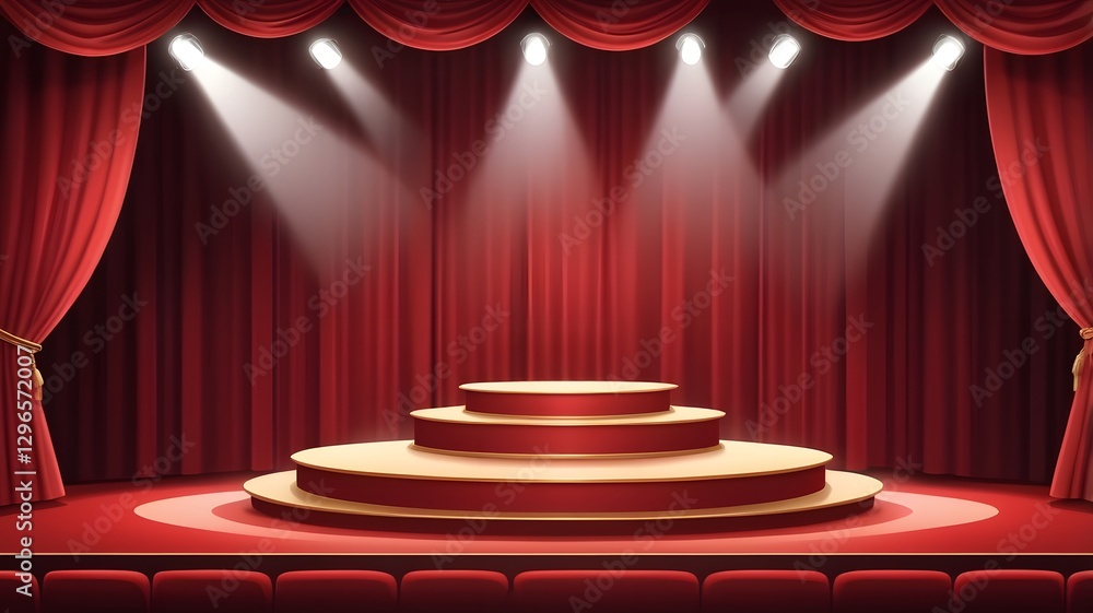 Poster a stage with red curtains and spotlights shining down on the stage
