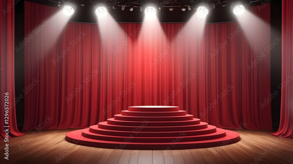 Poster a red stage with spotlights and a closed curtain, ready for a performance