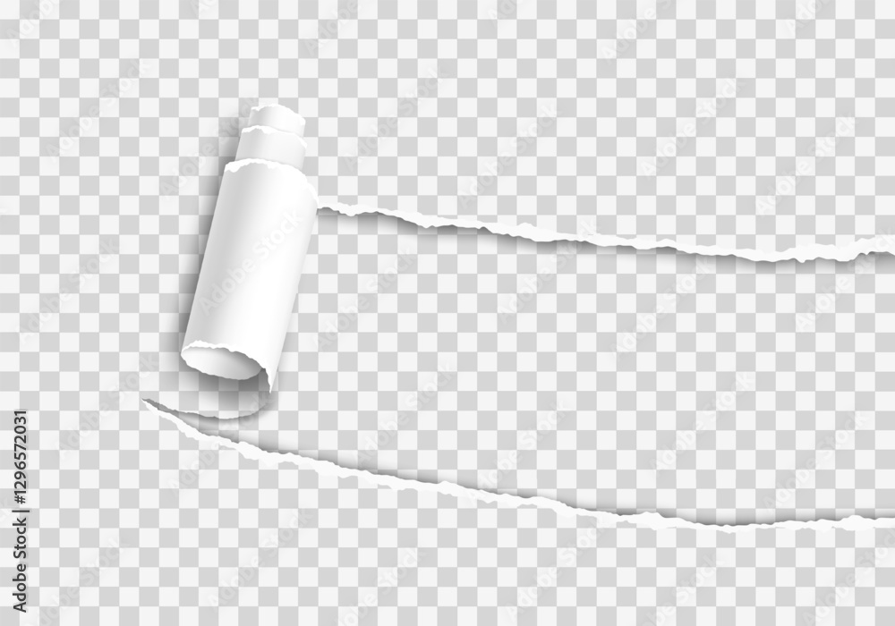 Poster realistic vector of a torn hole with a rolled edge. ripped paper with a curled fragment. template fr