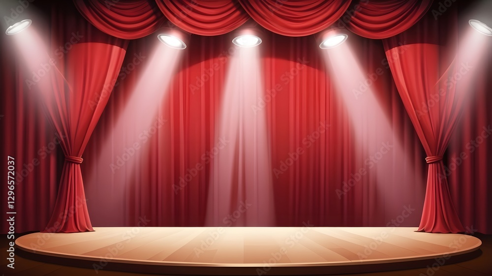 Poster a theater stage with red curtains and bright spotlights, ready for a performance. the stage is empty