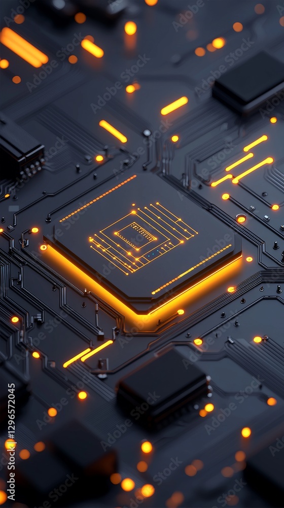Poster illuminated central processing unit design technology hub digital artwork futuristic setting close-u