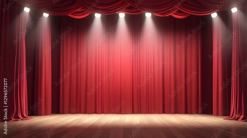 Poster a grand stage with vibrant red curtains and bright spotlights creating a dramatic and inviting atmos