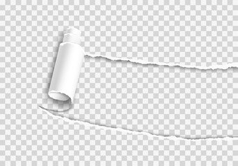 Realistic vector of a torn hole with a rolled edge. Ripped paper with a curled fragment. Template frame for text. Paper mockup.