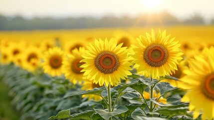 Fototapeta premium Sunflowers blooming in a sunny field agricultural landscape nature photography daylight serenity