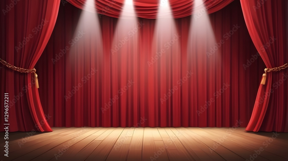 Poster an empty stage with red curtains, illuminated by bright spotlights, ready for performance