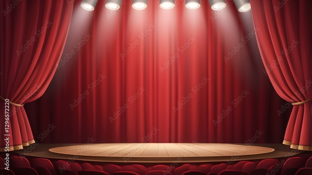 Poster an empty stage with red curtains, illuminated by bright spotlights and with seats in front. It's ready for performance