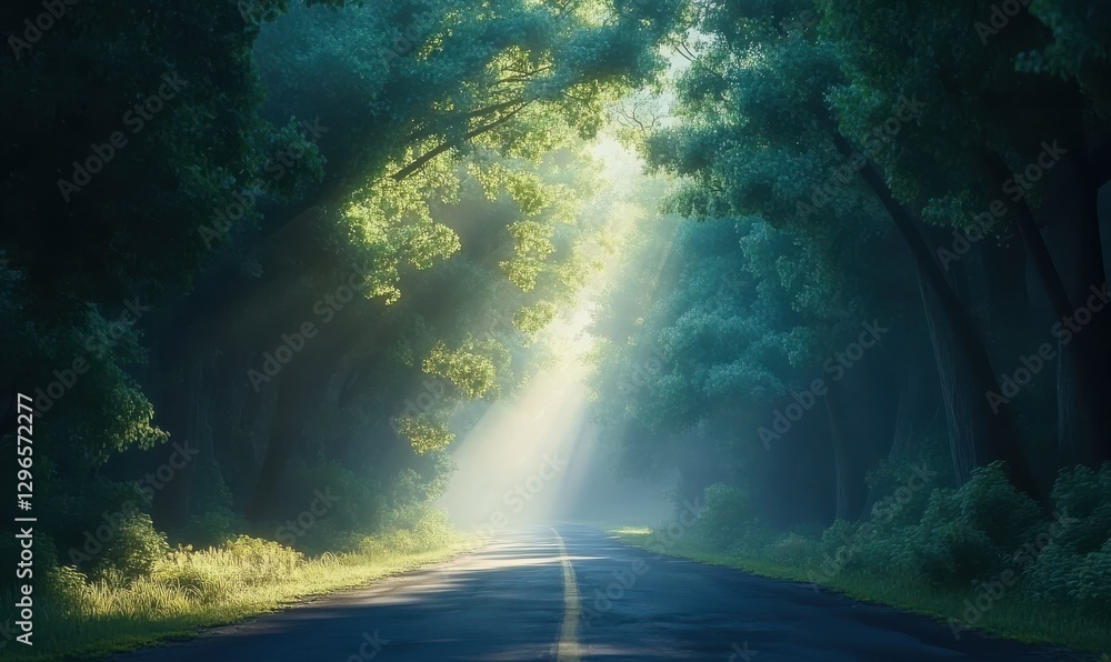 Poster long empty road surrounded by foggy forest trees, soft light creating a mysterious and serene journe