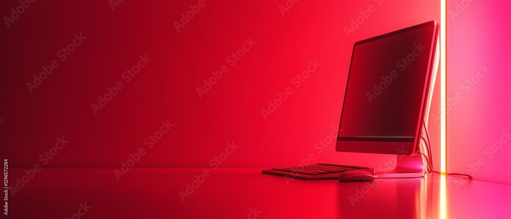 Poster a sleek computer monitor sits on a reflective surface, illuminated by a vibrant red light, creating 