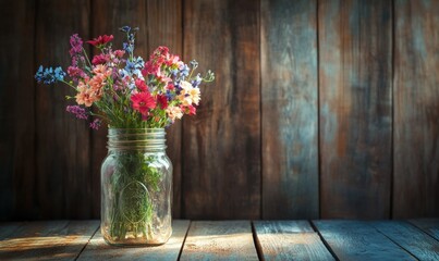 Rustic mason jar filled with freshly picked flowers, illuminated by natural light against a wooden backdrop to evoke a country garden aesthetic