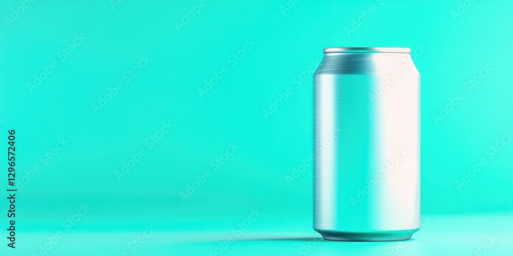 Aufkleber conceptual design of glossy aluminum can displayed on vibrant teal solid background with soft lighti