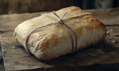 Rustic package of artisan bread tied with twine, resting on a wooden surface illuminated by soft natural light, evoking warmth and homemade quality