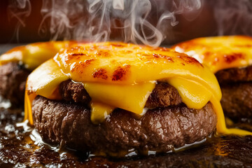 A smoky burger patty with a cheese slice.