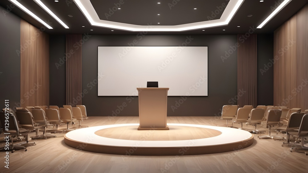 Poster a modern, well-lit lecture hall prepared for a presentation with chairs arranged in front of a stage