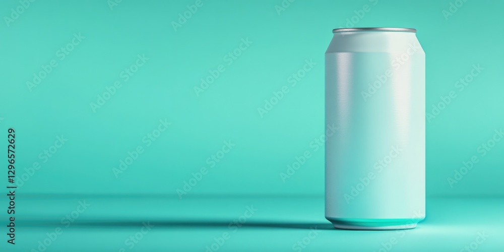 Poster conceptual design of glossy aluminum can displayed on vibrant teal solid background with soft lighti