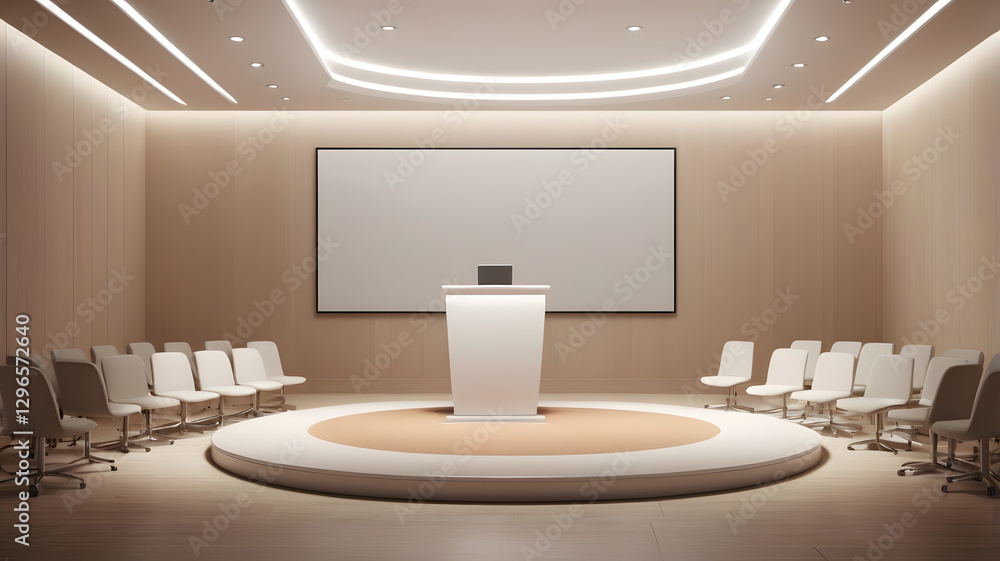 Poster a modern and empty auditorium, prepared for a presentation. the room has rows of seats, a stage, and