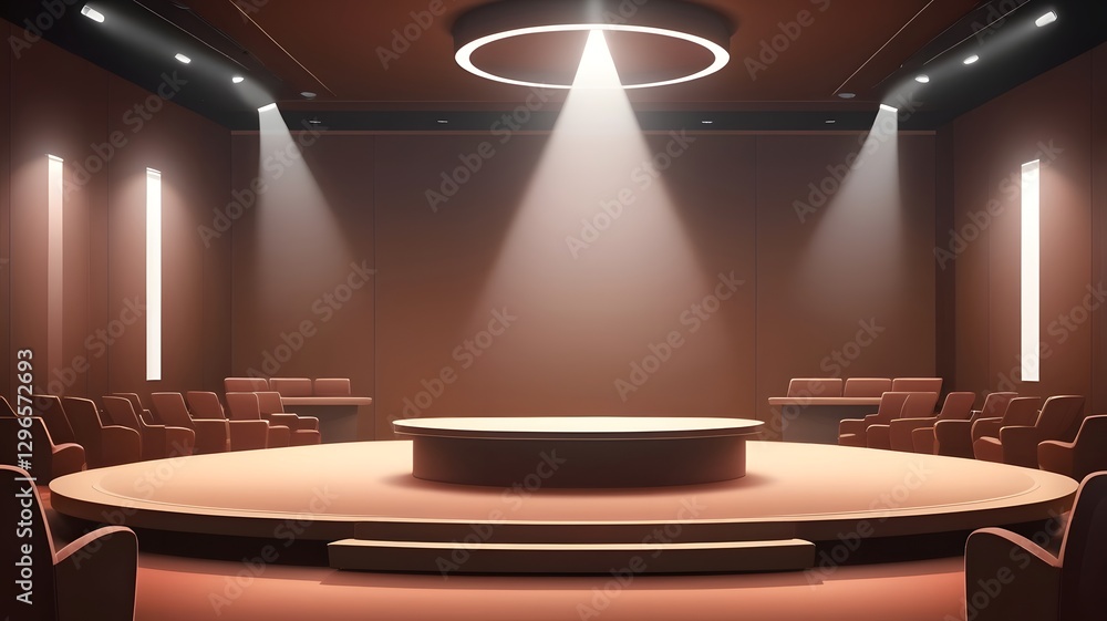 Poster an empty stage illuminated by spotlights, ready for a presentation or performance, surrounded by seating 