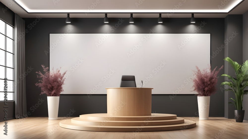 Poster an empty stage and podium ready for a presentation or event, with a blank screen and decorative plan