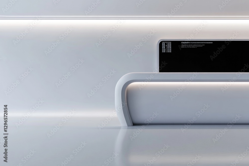 Poster conceptual futuristic airport check-in counter with ultra-modern digital screen simple monochrome ba