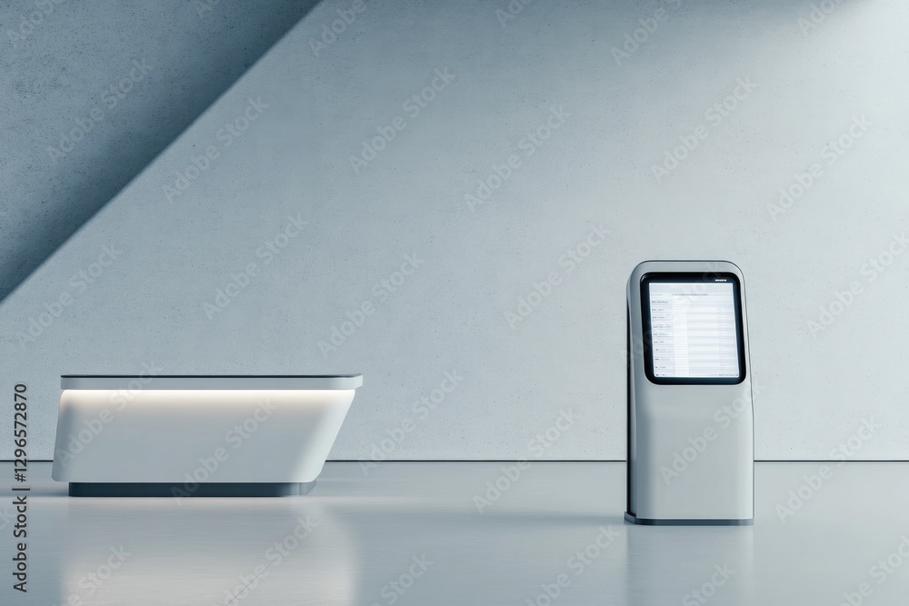 Poster conceptual futuristic airport check-in counter with ultra-modern digital screen simple monochrome ba