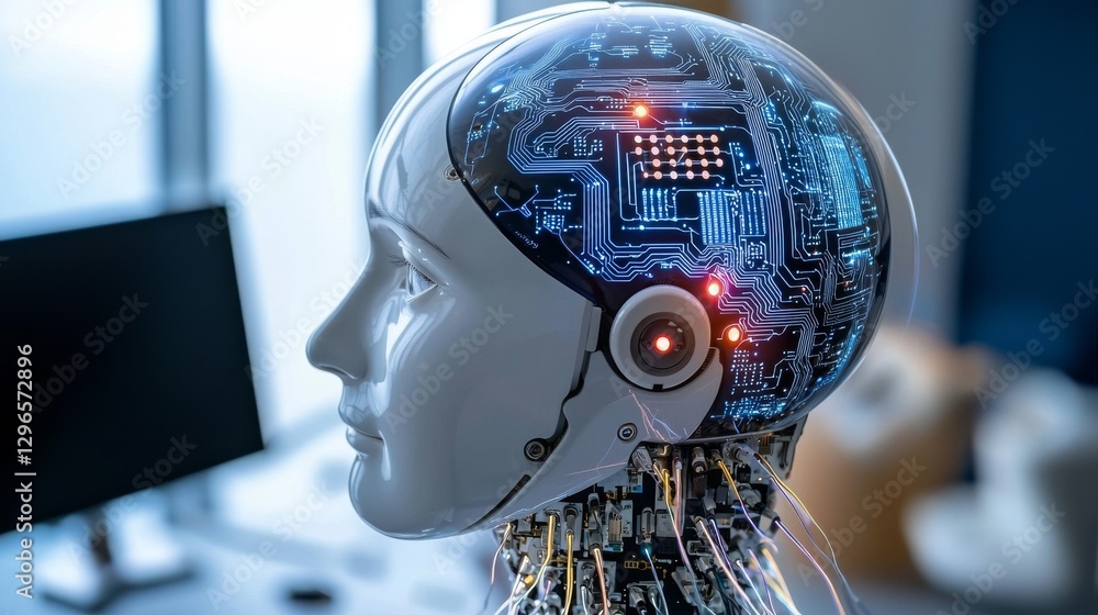 Poster futuristic ai robot head with advanced circuitry tech lab digital art urban environment close-up vie